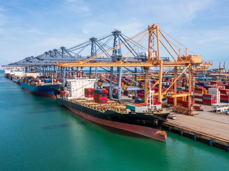 Aerial view of container ships at a port